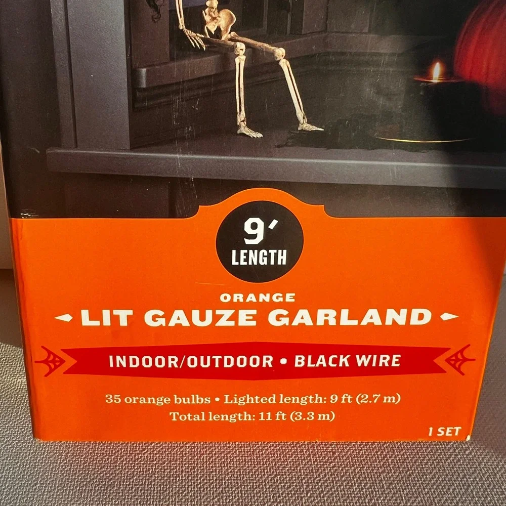 Hyde and Eek Boutique Halloween Orange Lit Gauze Garland 9ft 35 Bulbs Black Wire